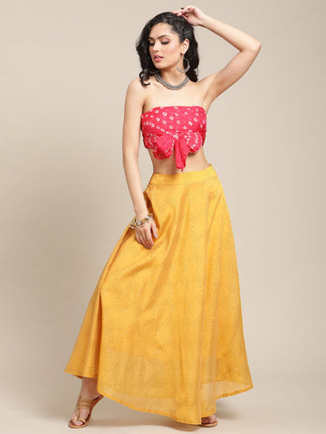Varanga Women Mustard Yellow Printed Pure Silk Flared Maxi-Skirt